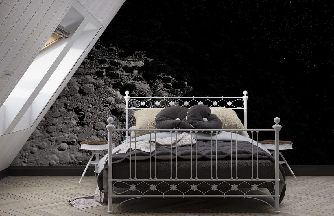 Moonlit Crater Wallpaper in bedroom with cosmic grey mural, metal bed frame, herringbone wooden flooring.