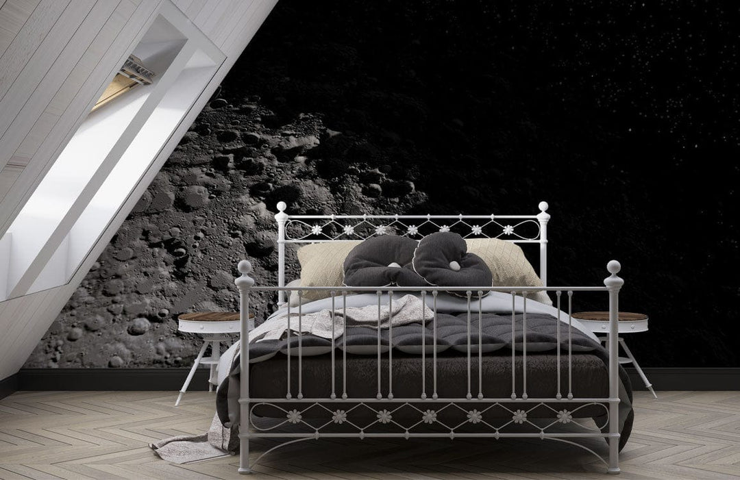 Moonlit Crater Wallpaper in bedroom with cosmic grey mural, metal bed frame, herringbone wooden flooring.