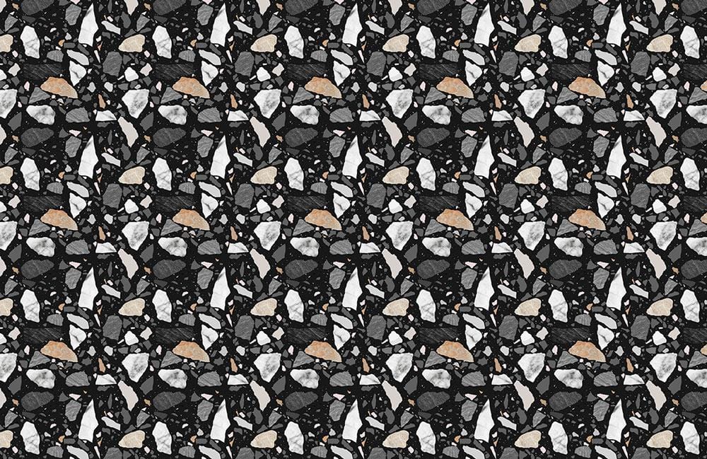 Contemporary Black and White Terrazzo Pattern Wallpaper with Earthy Accents