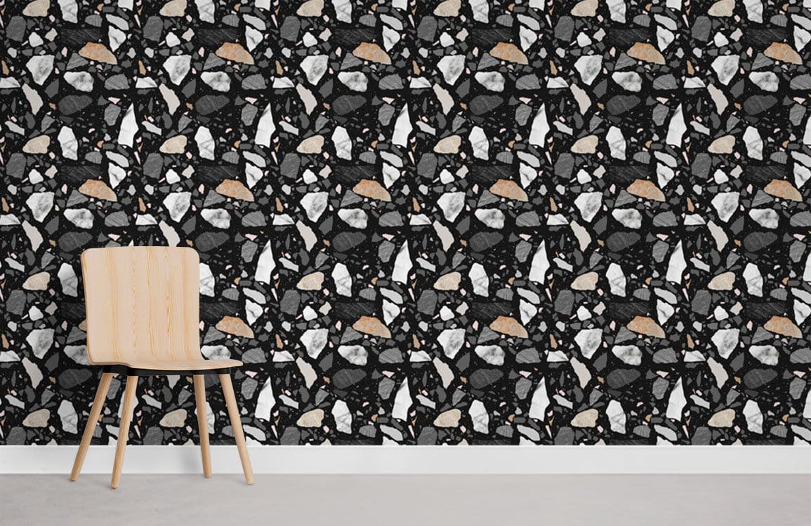 Contemporary Black and White Terrazzo Pattern Wallpaper with Earthy Accents, wooden chair, minimalist room.
