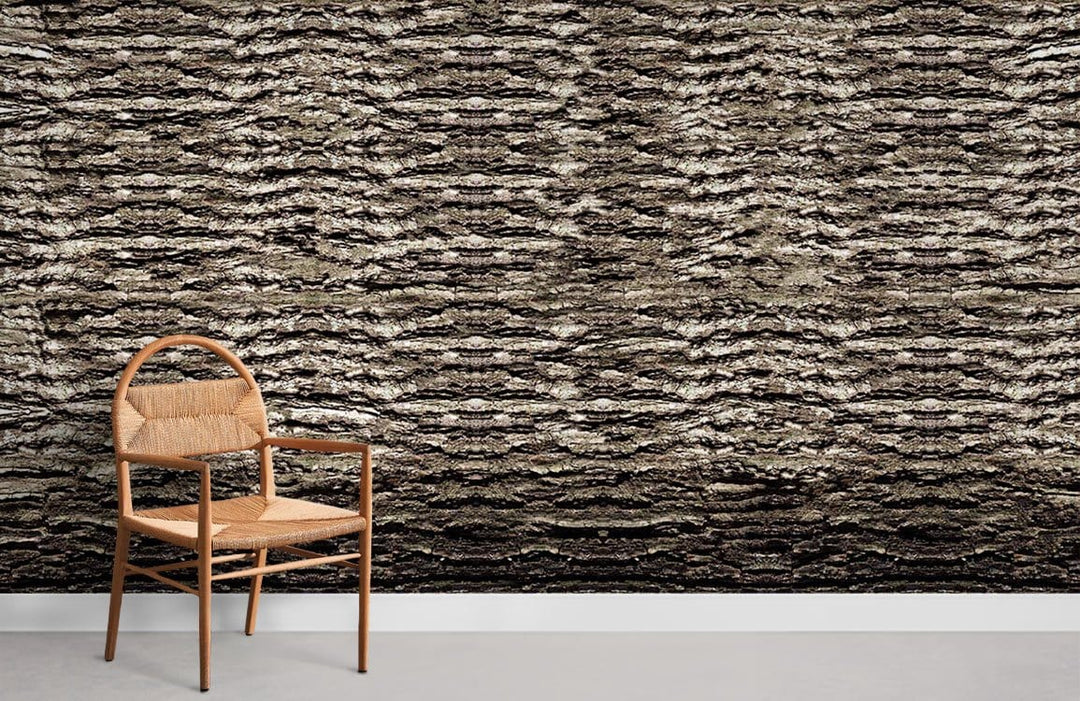 Textured woodland bark effect wallpaper enhances room with earthy tones; wooden chair, grey flooring.