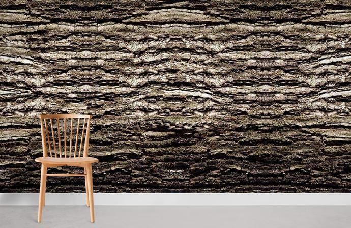 Rustic textured bark effect wallpaper, natural brown, with wooden chair on grey flooring, woodland decor style.