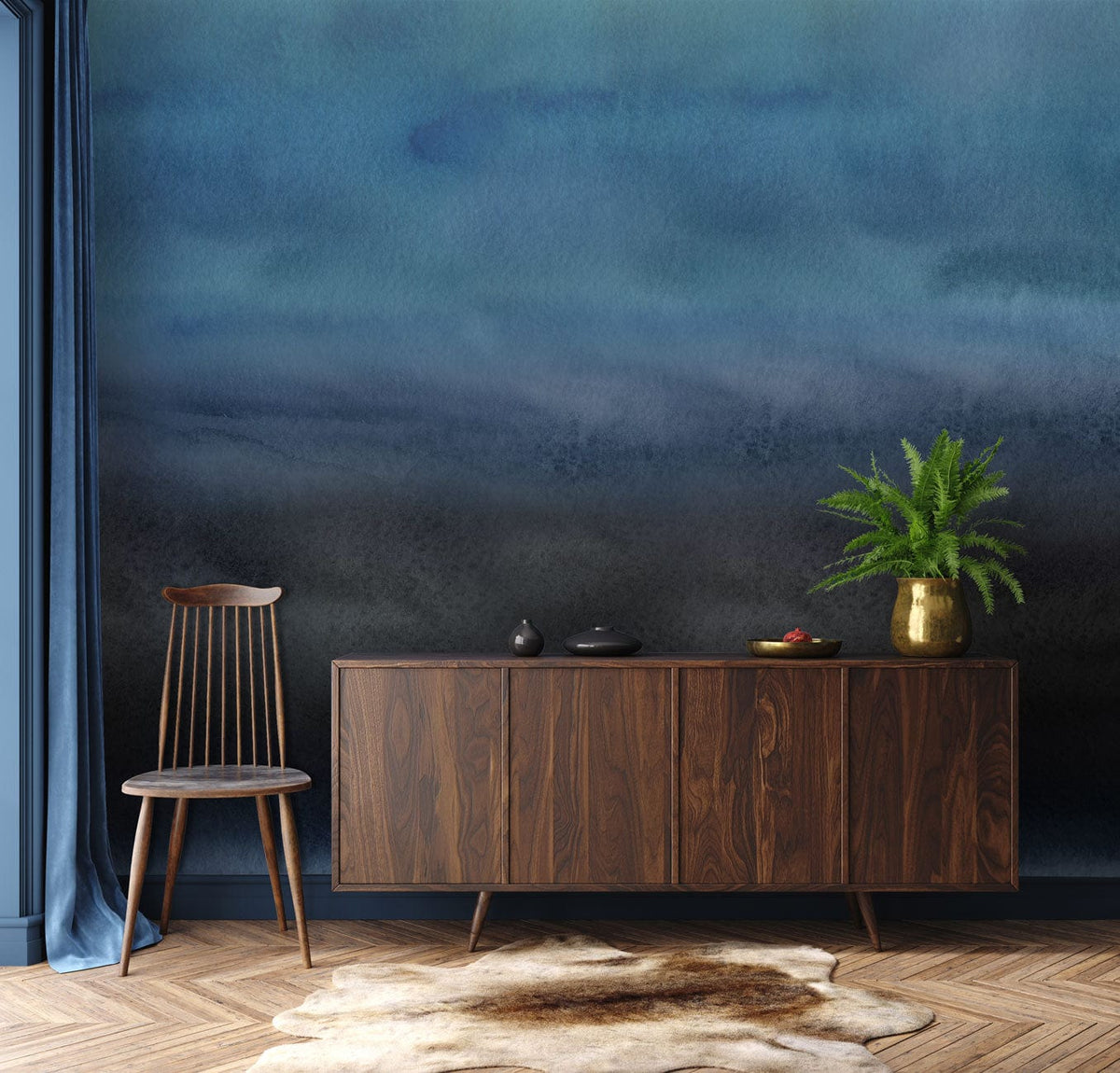 Moody Ocean Mist Watercolour Mural Wallpaper in living room with wooden chair, sideboard, wooden flooring.