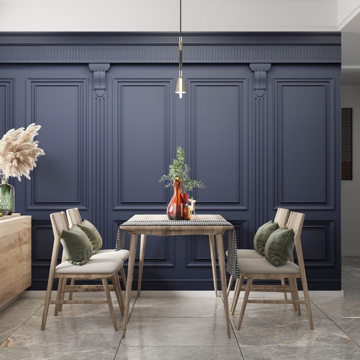 Elegant navy vinyl wallpaper, panelled wall, light wood dining furniture, marble flooring, sophisticated interior.