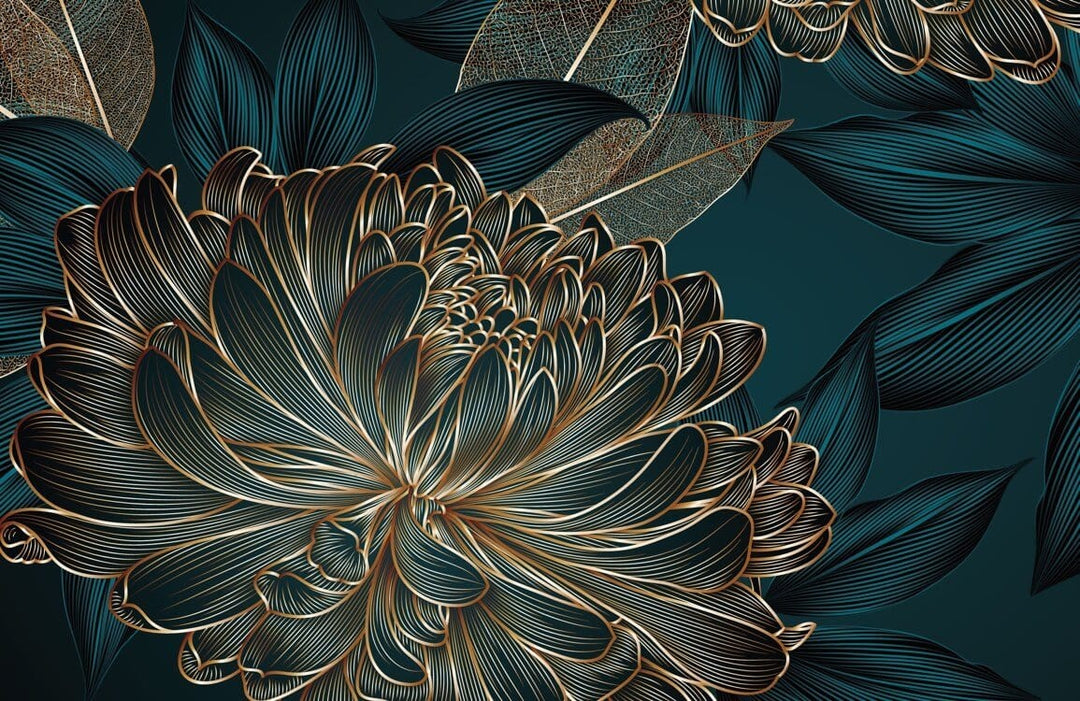 Luxurious Teal and Gold Floral Pattern Wallpaper for Elegant Interiors