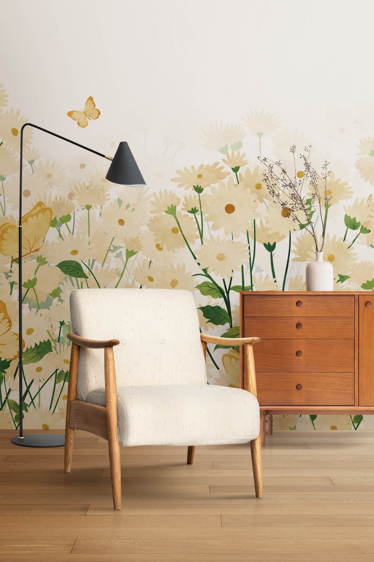 Floral Meadow Delight Pastel Wallpaper with butterflies, armchair, wooden flooring, floor lamp, sideboard.