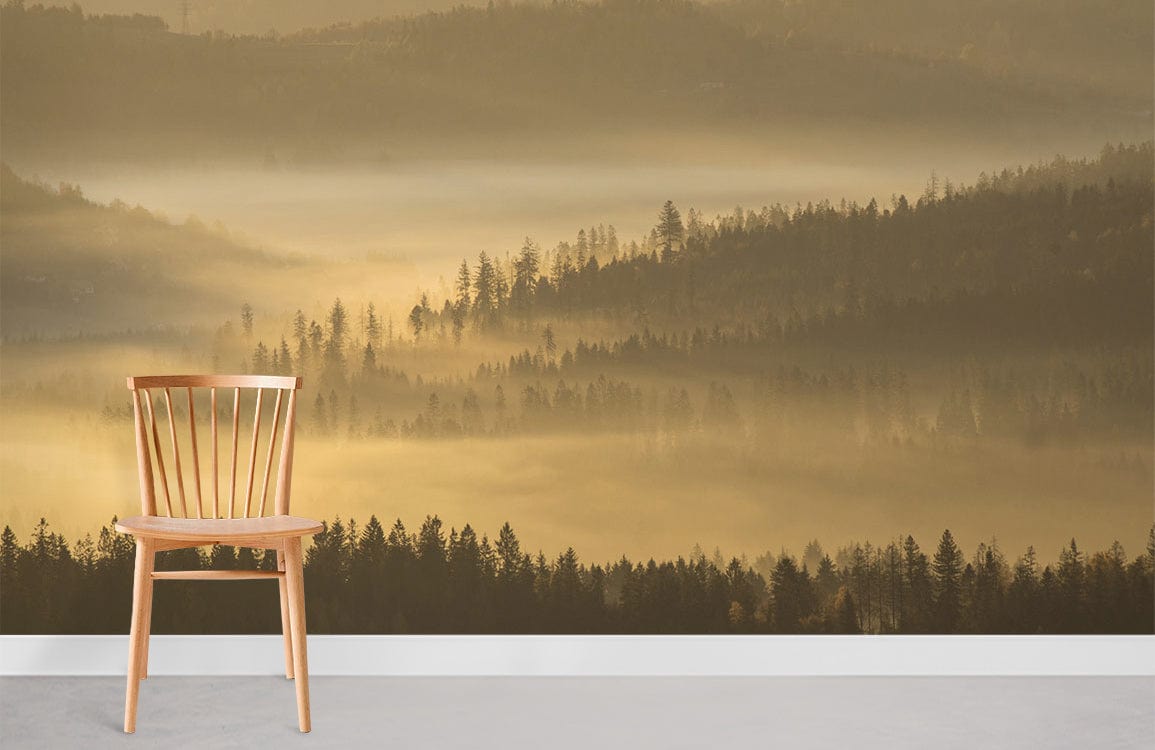 Golden misty morning forest mural with wooden chair on grey floor, ideal for serene interiors.