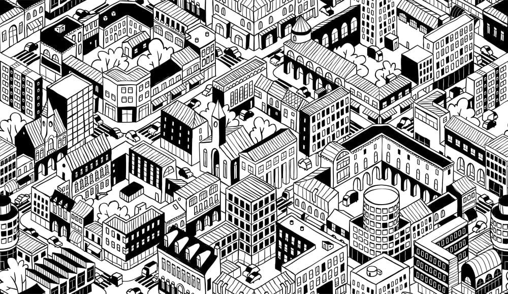 Monochrome Urban Landscape Mural Wallpaper - Intricate Black and White Cityscape Design