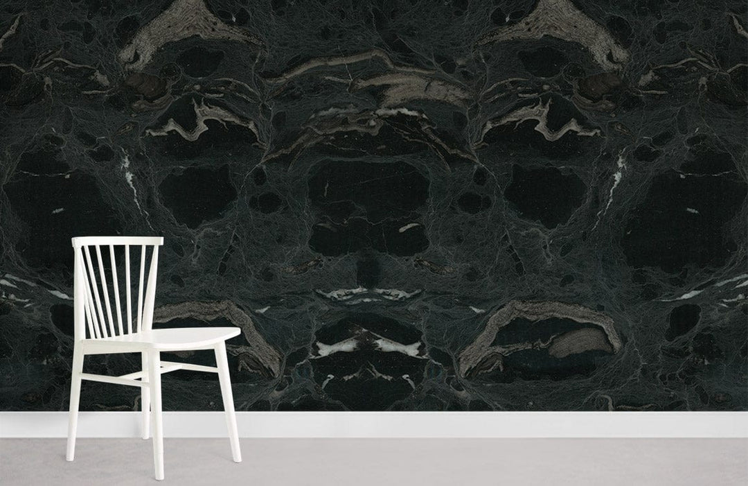 Elegant dark marble wallpaper in sophisticated modern interior, with white chair and light grey flooring.