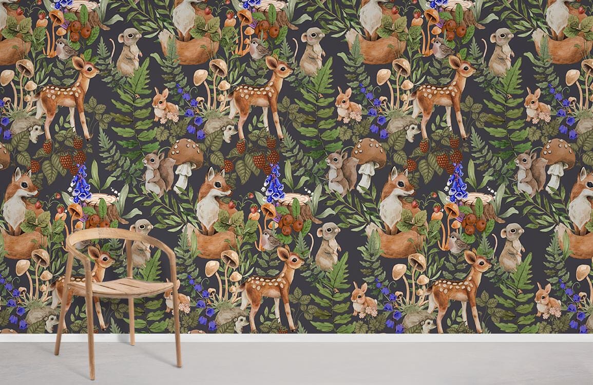 Enchanted Forest Green Woodland Creatures Wallpaper, natural tones, wooden chair, grey floor, living room.