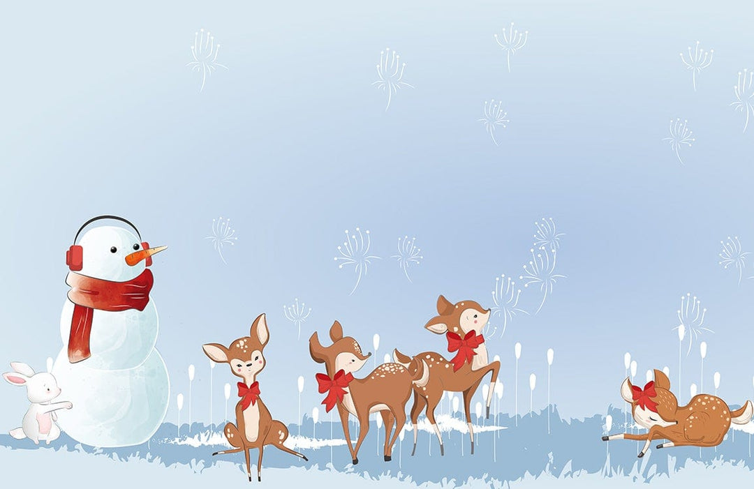Whimsical Winter Scene Wallpaper: Snowman, Reindeer, Rabbits in Frosty Blue Wonderland