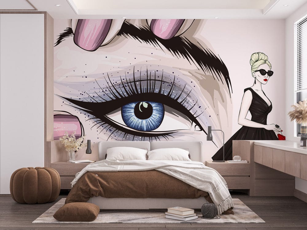 Chic Fashion Icon Mural Wallpaper in black, pastel hues adorns bedroom with brown sofa, modern decor.