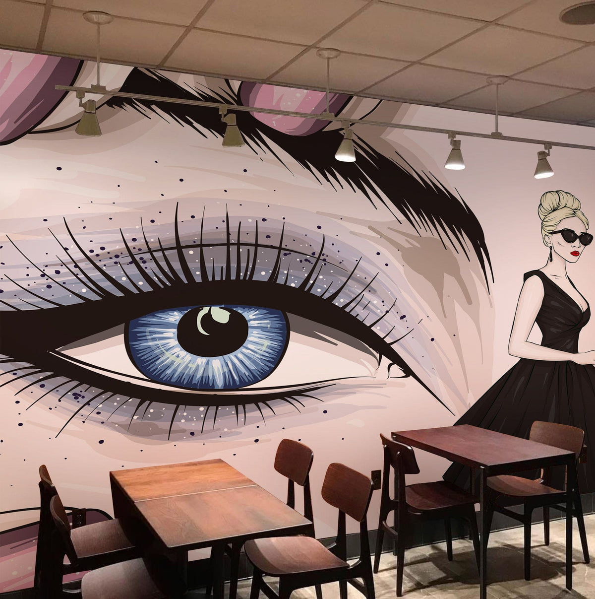 Chic Fashion Icon Mural Wallpaper with vibrant eye design, dining furniture, and modern café setting.