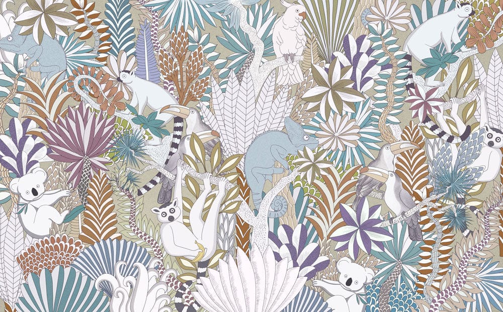 Vibrant Jungle Adventure Wallpaper with Exotic Animals and Leafy Motifs