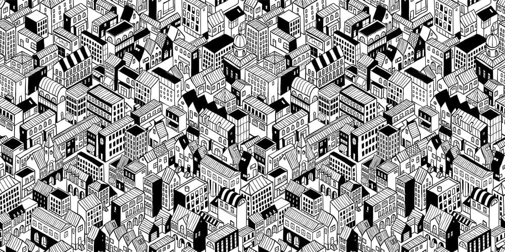 Monochrome Urban Cityscape Pattern Wallpaper - Modern Black and White Design