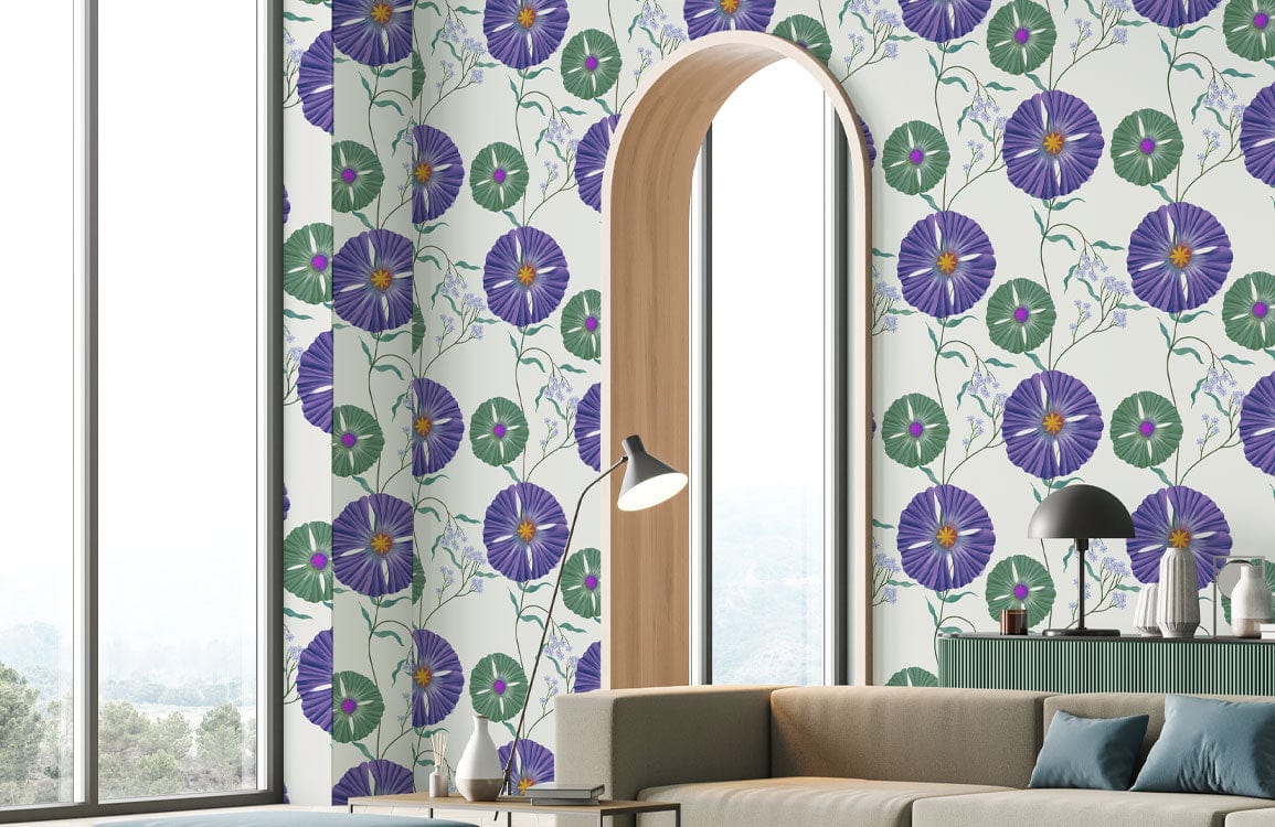 Vintage purple floral wallpaper with green accents in modern living room featuring beige sofa and lamp.