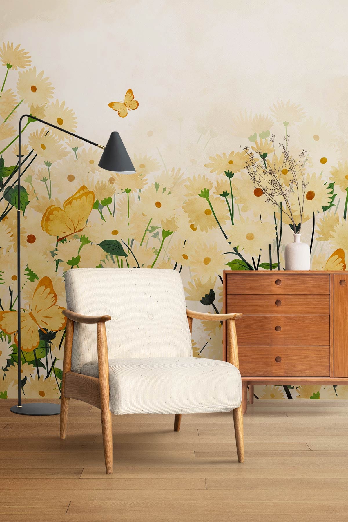 Creamy floral meadow wallpaper in living room with wooden sideboard, beige armchair, and floor lamp.