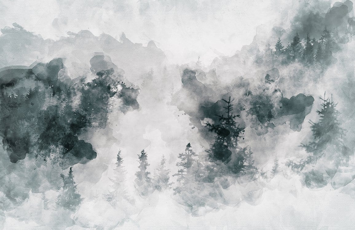 Misty Forest Watercolour Landscape Mural Wallpaper - Elegant Grey-Green Design