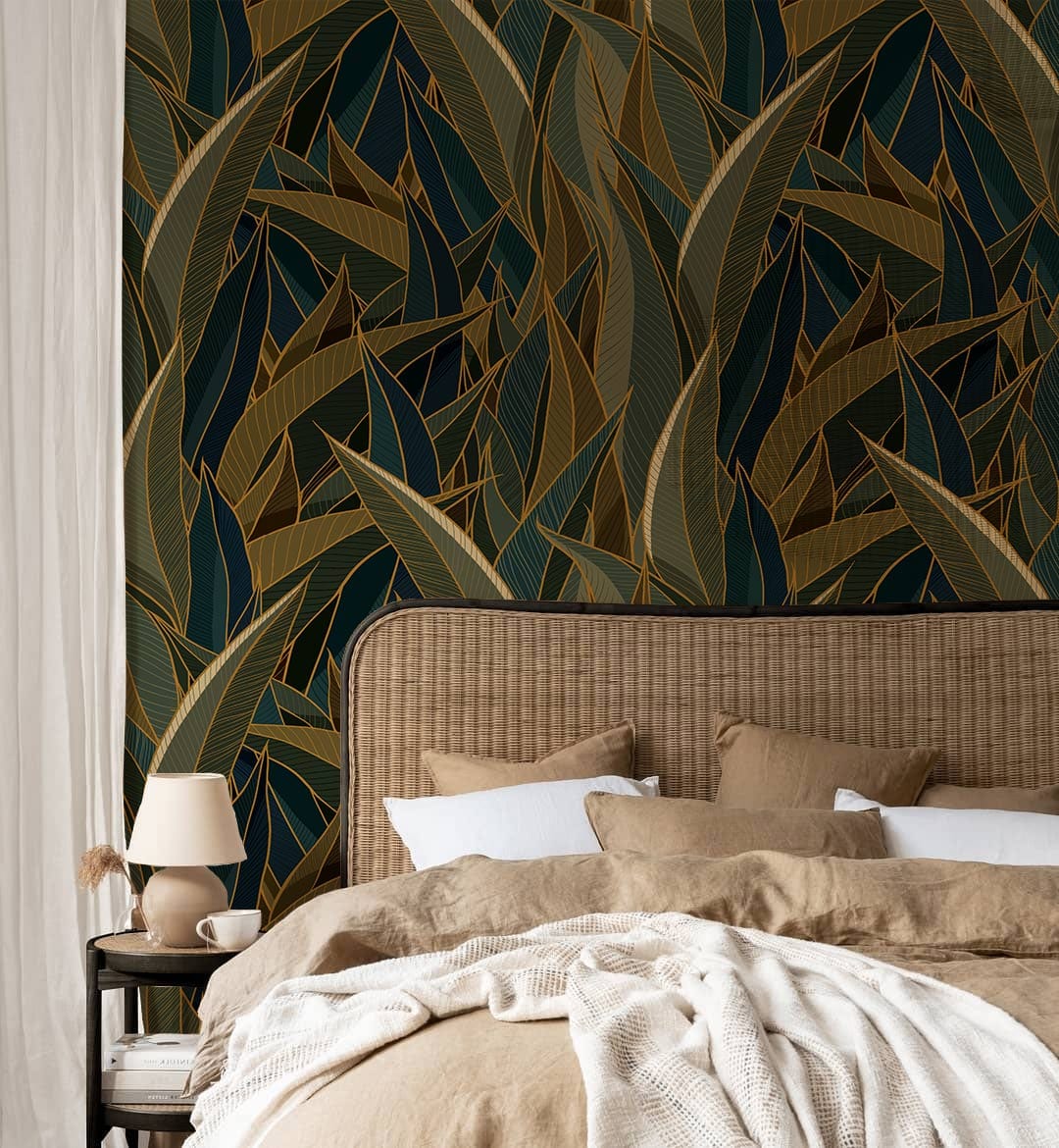 Art Deco Midnight Jungle Wallpaper, teal and gold pattern, rattan headboard, neutral bedding, bedroom setting.