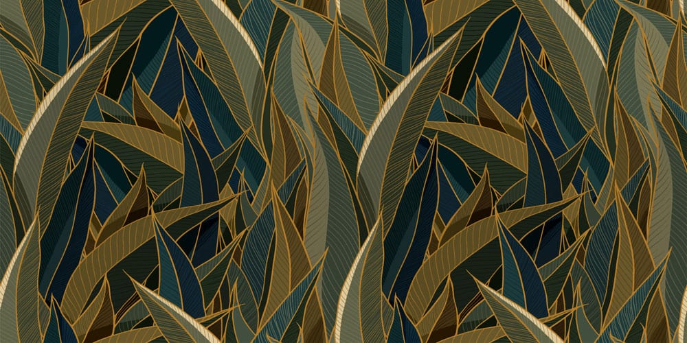 Art Deco Midnight Jungle Leaf Pattern Wallpaper in Teal and Gold.