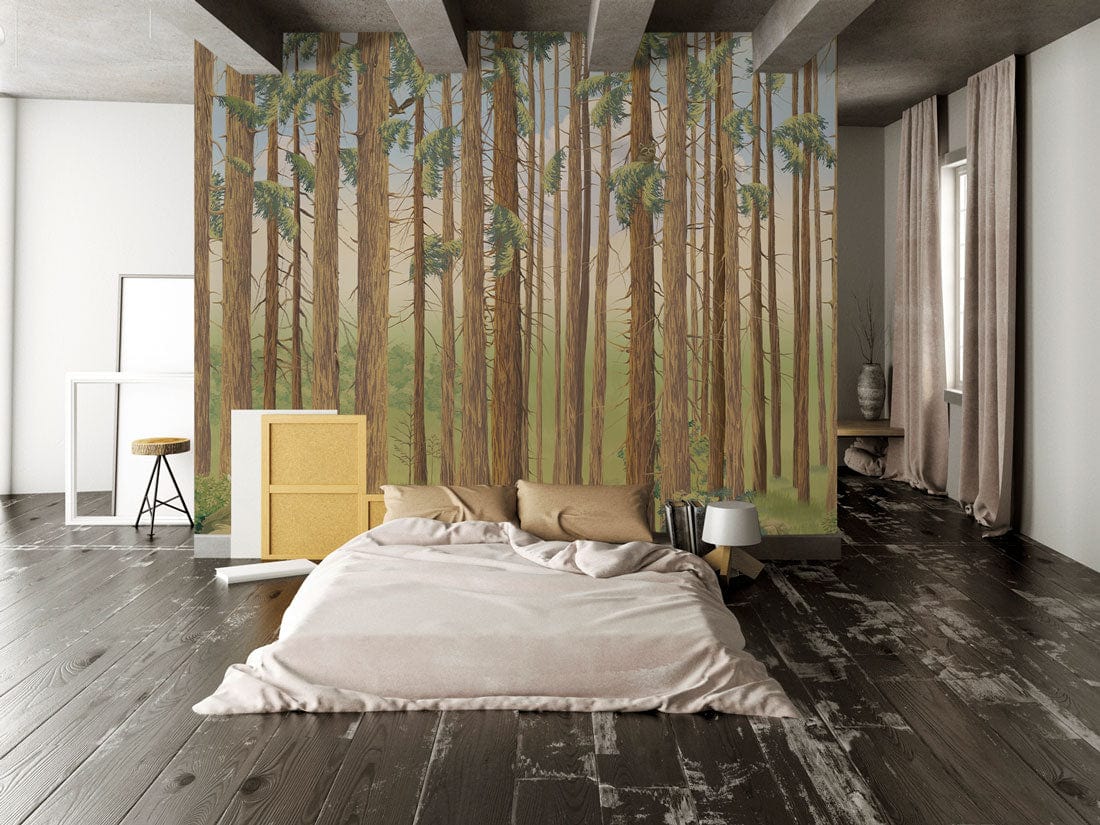 Tranquil Forest Woodland Mural Wallpaper in bedroom, natural green tones, dark wood flooring, modern decor.