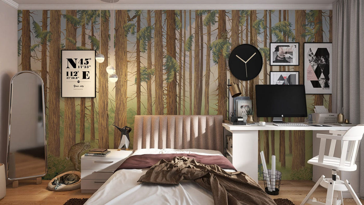 Tranquil Forest Woodland Mural, bedroom interior, natural tones, brown bed, white furniture, wood flooring.