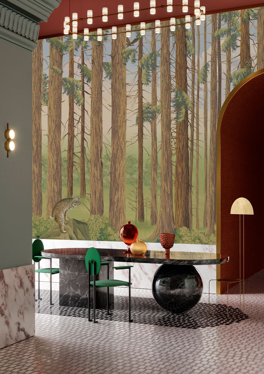 Tranquil Forest Woodland Mural Wallpaper in natural tones, modern dining room with green chairs, marble flooring.