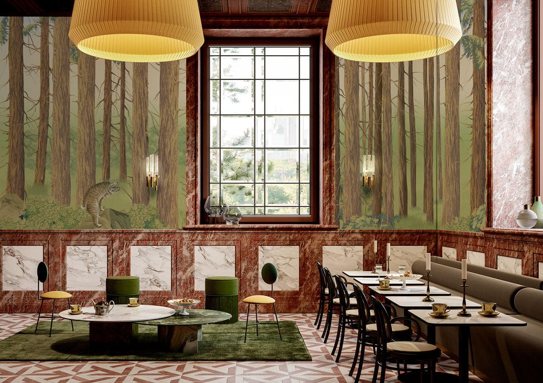 Dining room with Tranquil Forest Woodland mural, natural tones, green seating, marble walls, and wooden flooring.