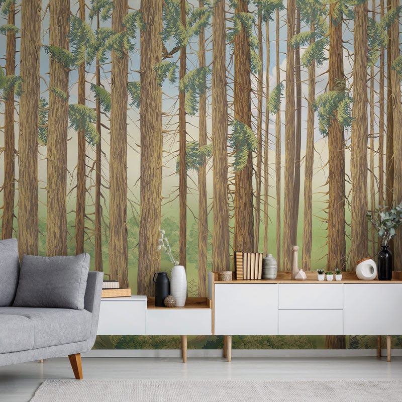 Tranquil forest mural wallpaper, natural green and brown tones, grey sofa, wooden cabinet, modern living room.