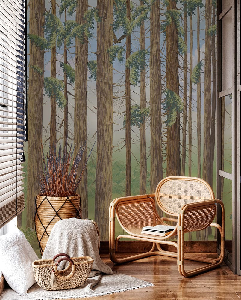 Tranquil Forest mural wallpaper in living room, natural green and brown, rattan chair, wooden flooring.