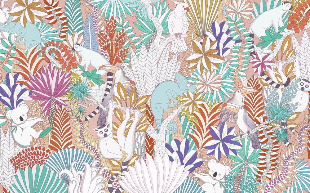 Tropical Jungle Animals Colourful Mural Wallpaper - Exotic Nature Bohemian Design