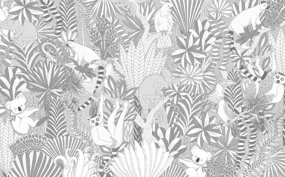 Tropical Jungle Safari Animals Mural Wallpaper - Black and White Design