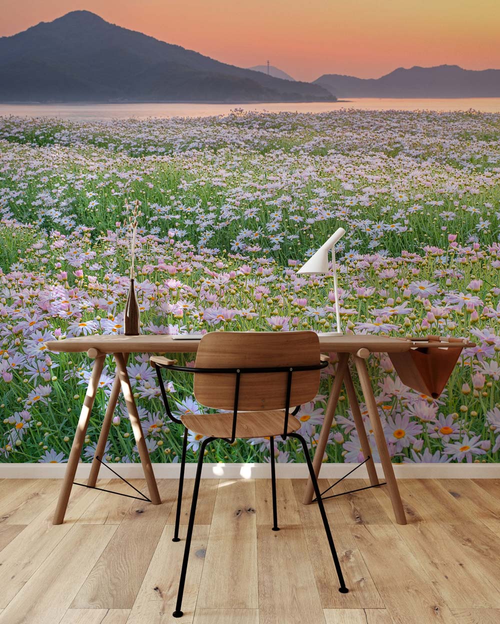 Serene Pastel Daisies Mural Wallpaper decor, featuring wooden desk, chair, and light wood flooring.