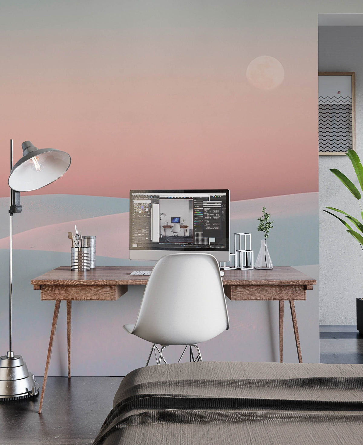 Serene pastel mural in home office with wooden desk, white chair, grey bedding, contemporary lamp, plant.