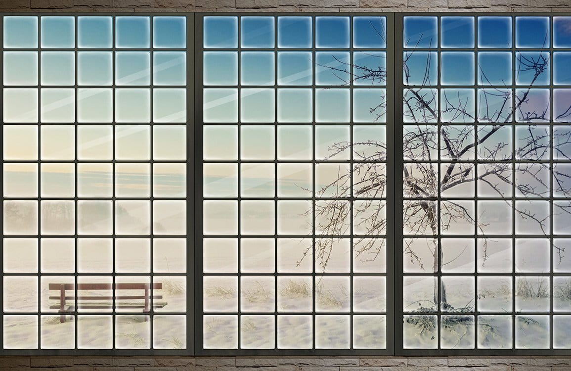 Winter Serenity Frosted Window Mural Wallpaper - Blue and White Landscape