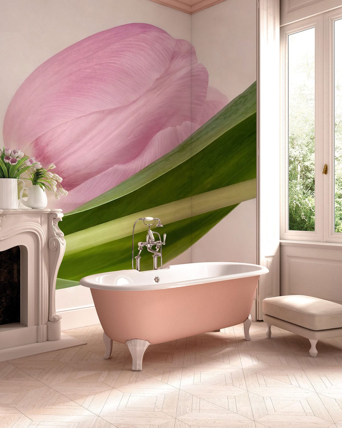 Elegant pink tulip mural wallpaper in stylish bathroom with vintage tub, fireplace, and light wood flooring.