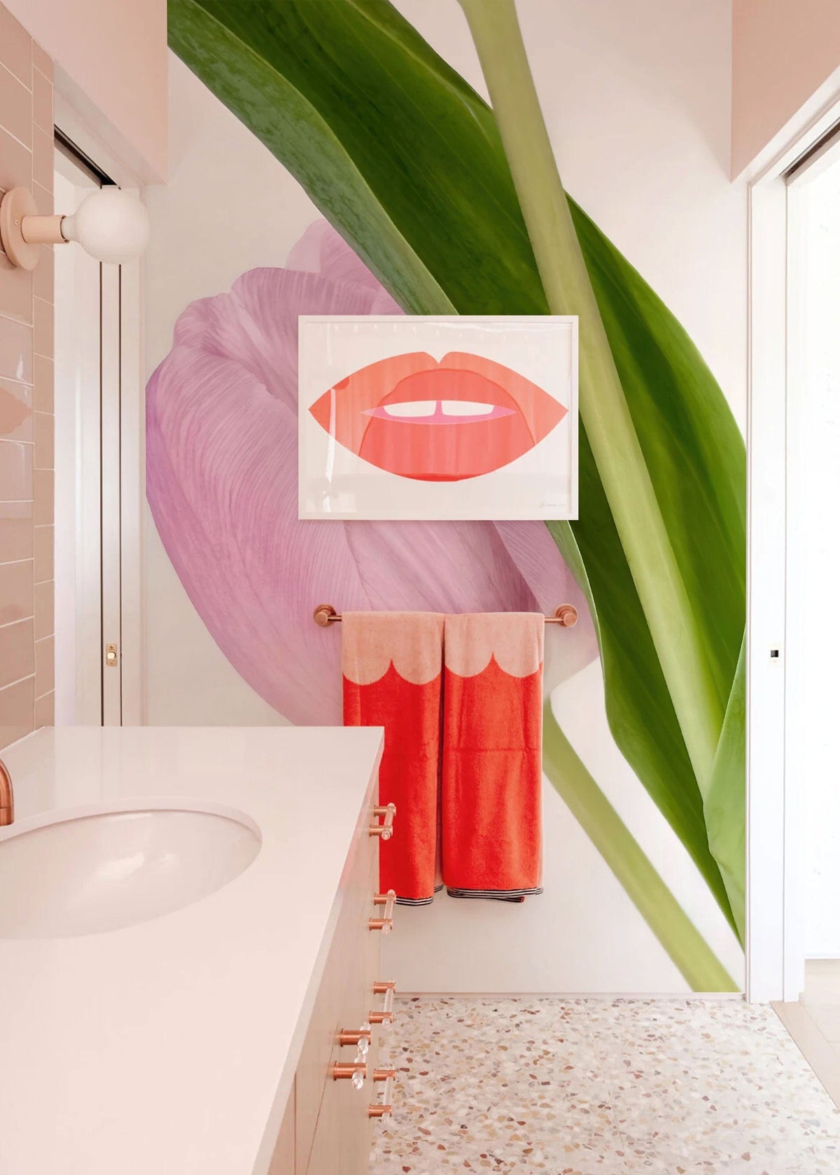 Elegant Pink Tulip Mural Wallpaper enhances modern bathroom with terrazzo floor and sleek countertop.