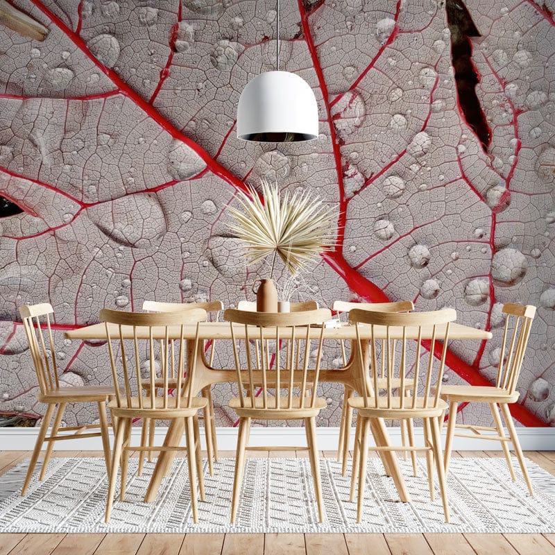 Red Vein Natural Leaf Wallpaper in modern dining room, wooden chairs, light fixture, textured elegance.