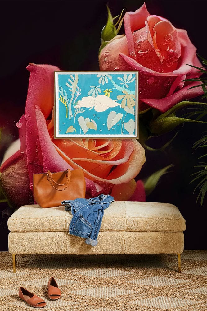 Elegant pink and peach roses mural wallpaper with beige sofa and woven floor in living room.