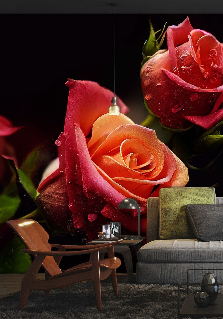 Elegant Pink and Peach Roses with Dew Mural in modern living room, includes grey sofa, chair.