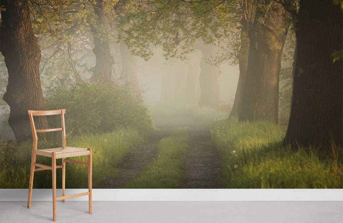 Enchanted Woodland Mist mural wallpaper in green and brown, wooden chair, grey floor, wall art.