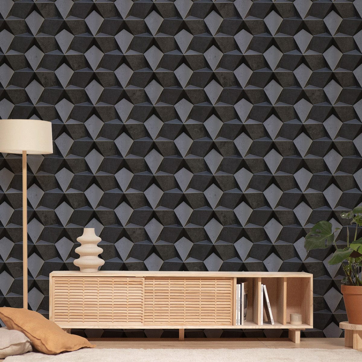 Geometric Charcoal Grey 3D Block Pattern Wallpaper, modern setting, light-wood console, beige floor lamp.