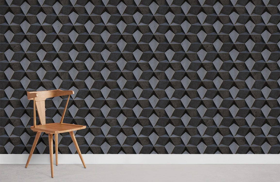 Geometric Charcoal Grey 3D Block Wallpaper, modern wooden chair, minimalist room style, light flooring.