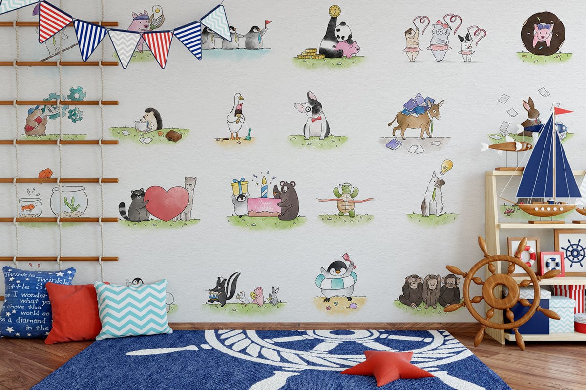 Charming animal watercolour adventure wallpaper in nursery with nautical theme, blue rug, wooden floor, vibrant decor.