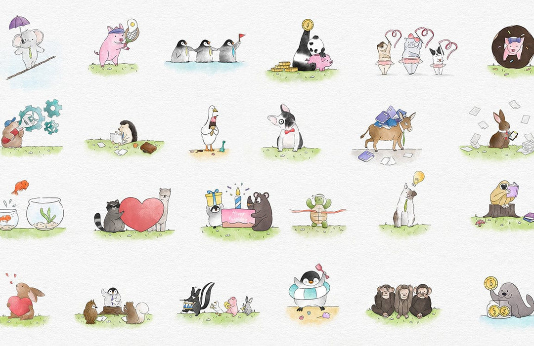 Charming Animal Watercolour Adventure: Kids' Playful Cartoon Nursery Wallpaper Mural