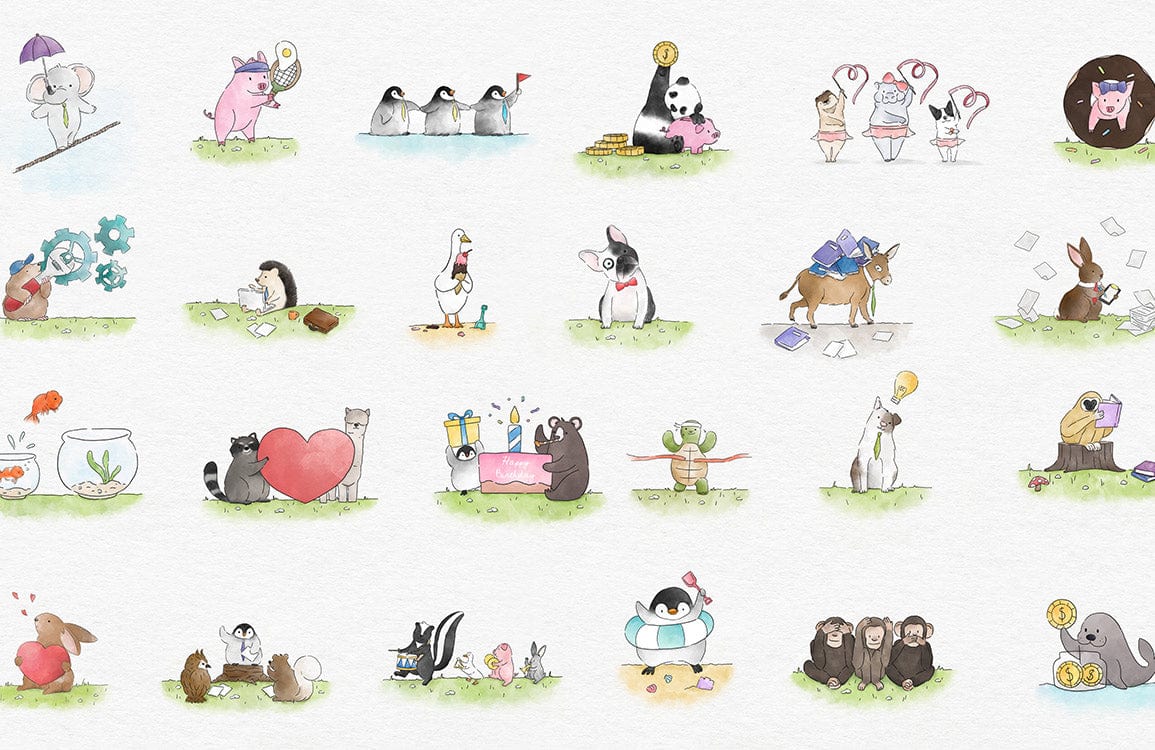 Charming Animal Watercolour Adventure: Kids' Playful Cartoon Nursery Wallpaper Mural
