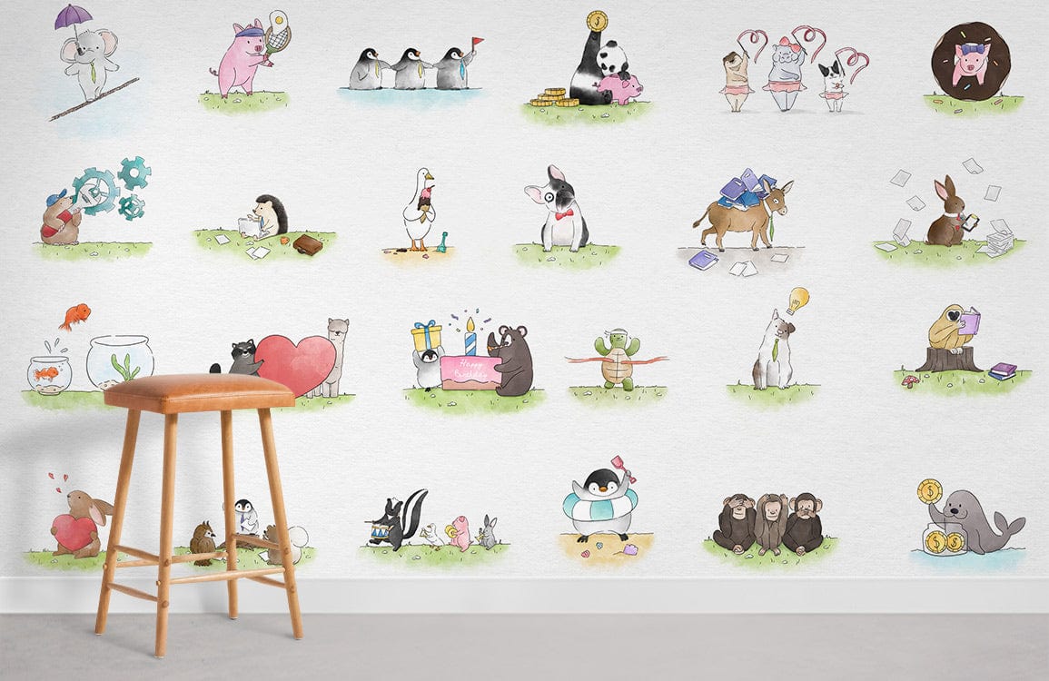 Charming watercolour animal mural in playful nursery with wooden stool, enhancing white wall and decor.