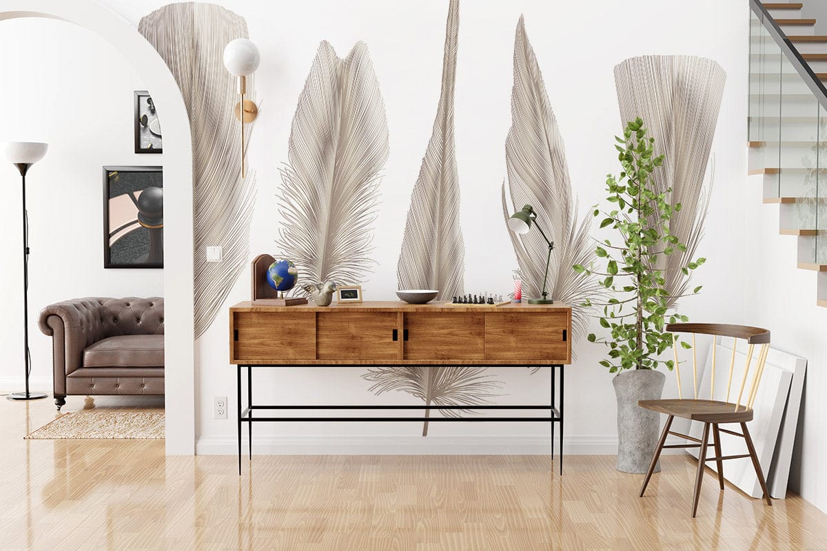 Elegant feather pattern wallpaper in living room with wooden console, grey sofa, and light wood flooring.