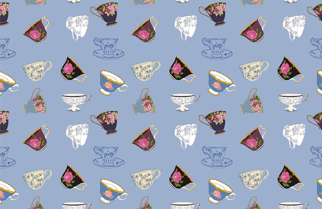 Vintage Blue Teacup Patterned Wallpaper with Elegant Floral Design Motifs