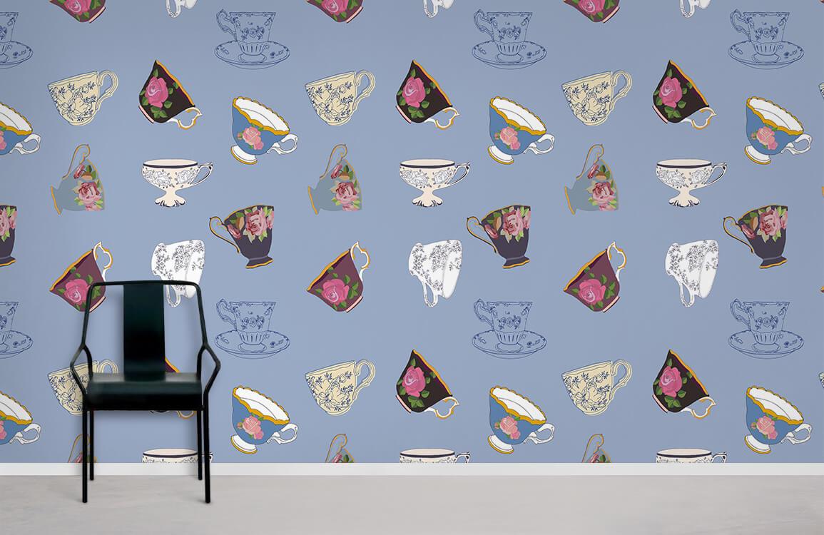 Vintage blue teacup floral wallpaper with chair; modern room, light grey flooring, sophisticated design.